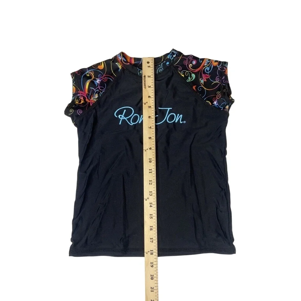 Ron Jon Surf Shop Girls Rash Guard‎ Black Floral Cap Sleeve Swim Top Size 8